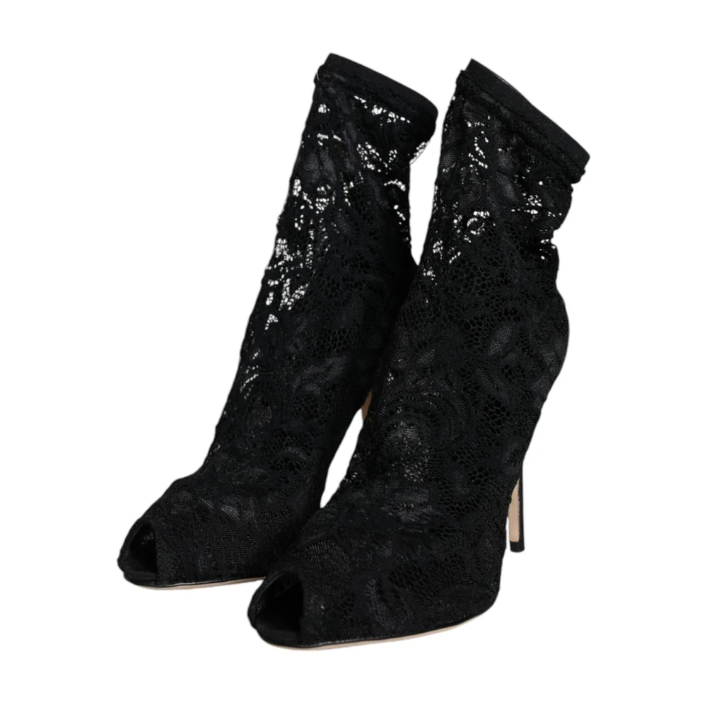 Dolce & Gabbana , Heeled Boots, Female, Black, 3 Uk, Black Lace Stretch Heel Boots - Image 3