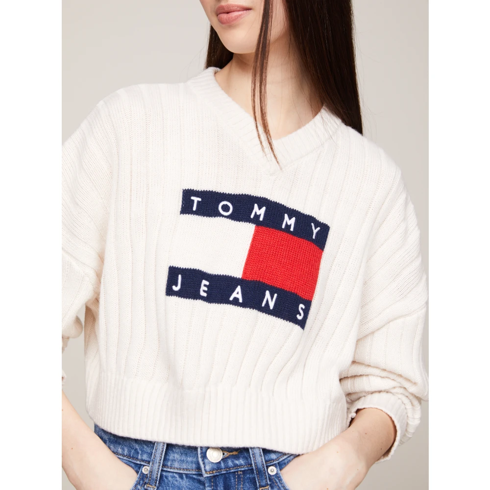 Tommy Jeans Witte Sweater met Vlag Logo White Dames