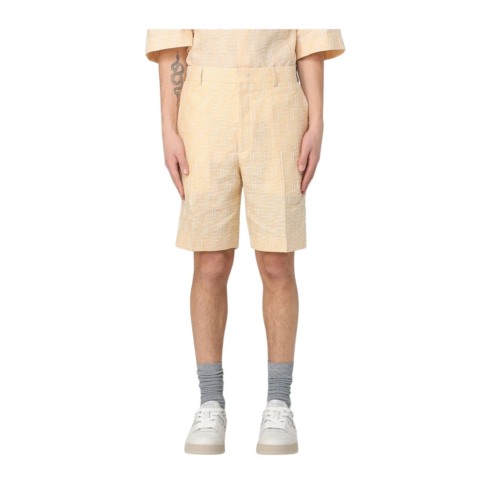 Fendi Men's Beige Patterned Linen Stylish Shorts - Casual Shorts - M - Shorts