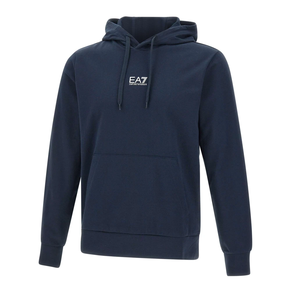 Emporio Armani Ea7 Blue Hoodies, Male, L, Core Identity Cotton Hooded Sweatshirt