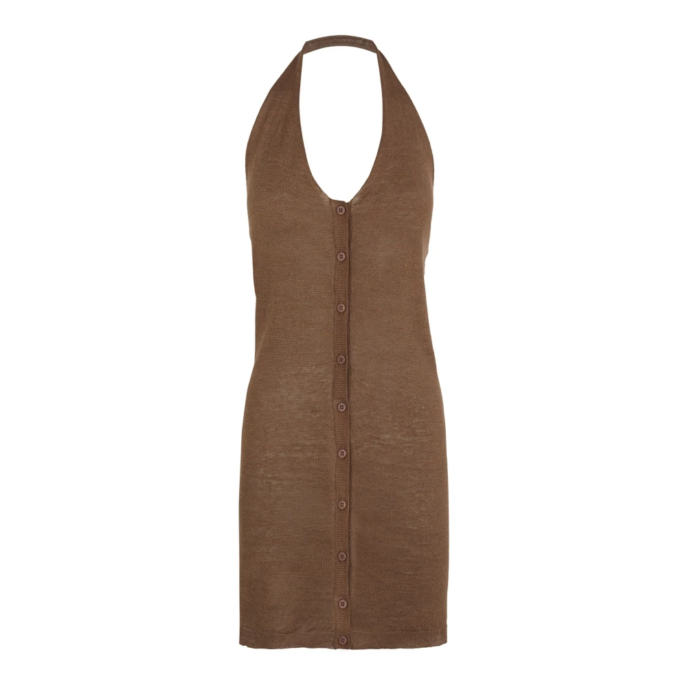 Cortana Women's Beige Sleeveless Tops, M, Cinnamon Linen And Silk Halterneck Top