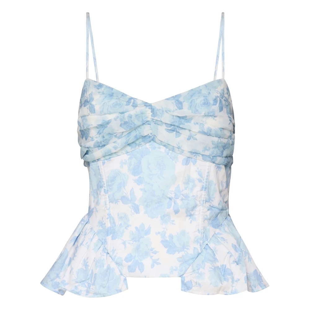 For Love & Lemons Vit Blå Draperad Topp med Tunna Band Blue, Dam