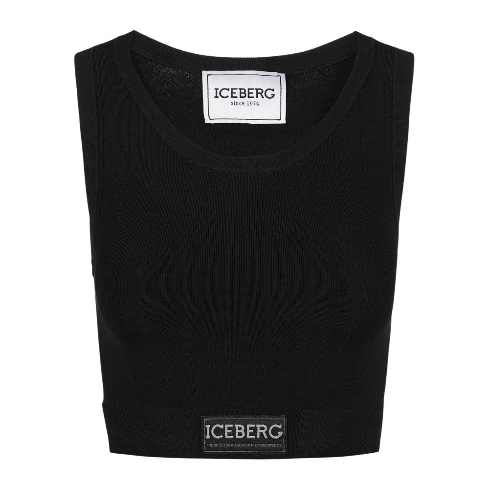 Iceberg Zwarte actieve top in geribbeld breisel met logo Black Dames