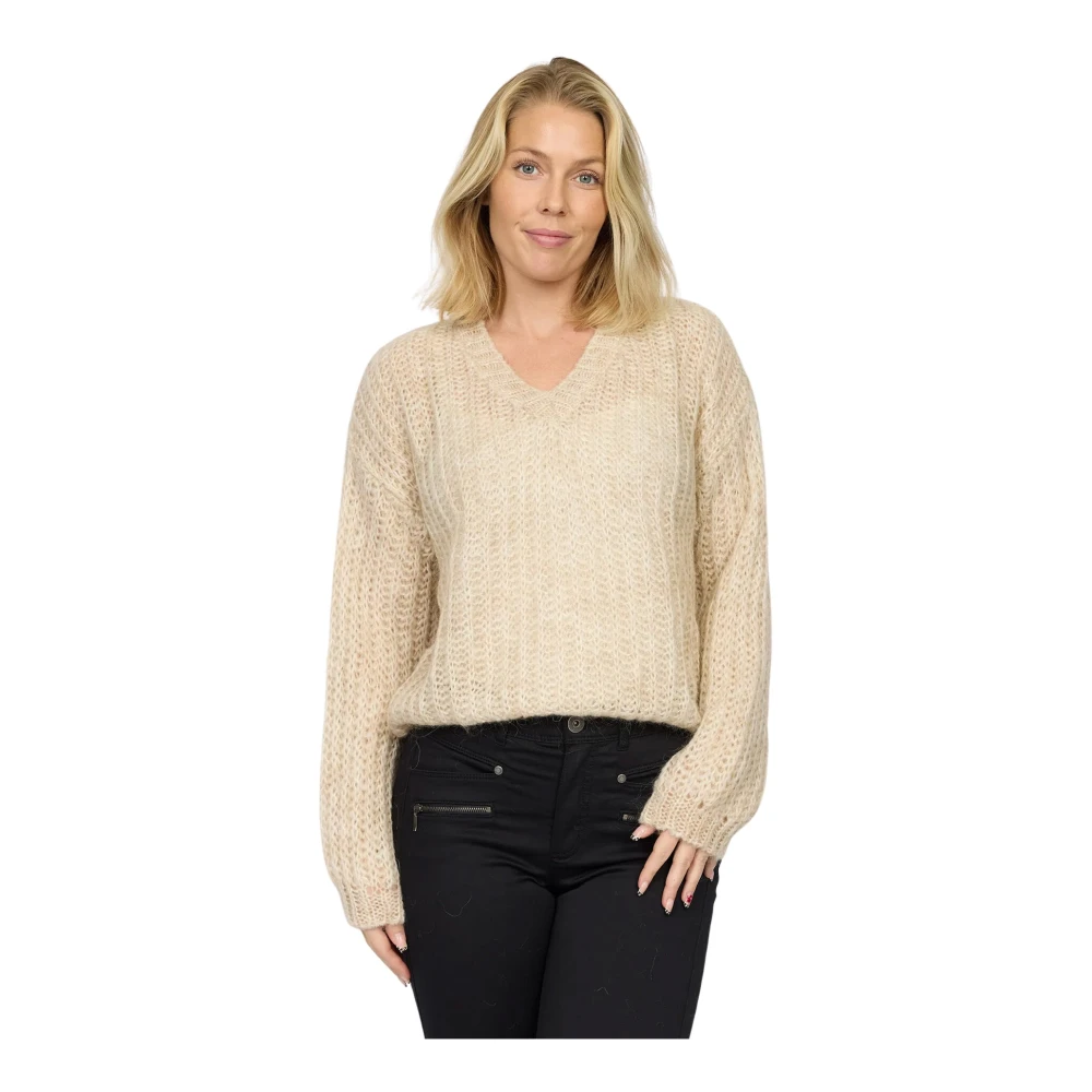 2-Biz V-hals gebreide trui Beige Dames