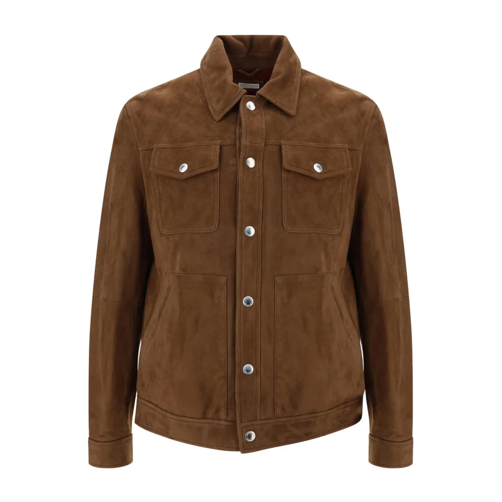 BRUNELLO CUCINELLI Leren jas met drukknoopsluiting Brown Heren
