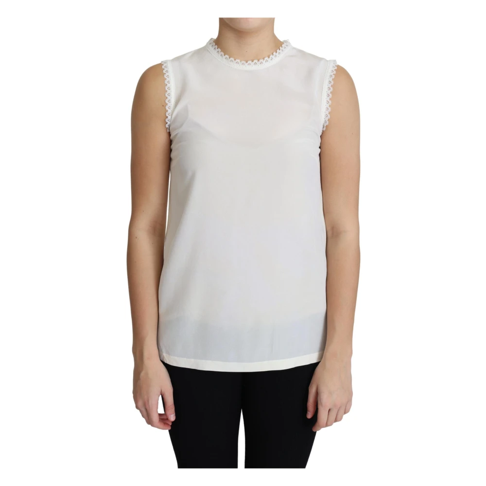 Dolce & Gabbana Women's White Elegant Sleeveless Silk Blouse With Lace Detail