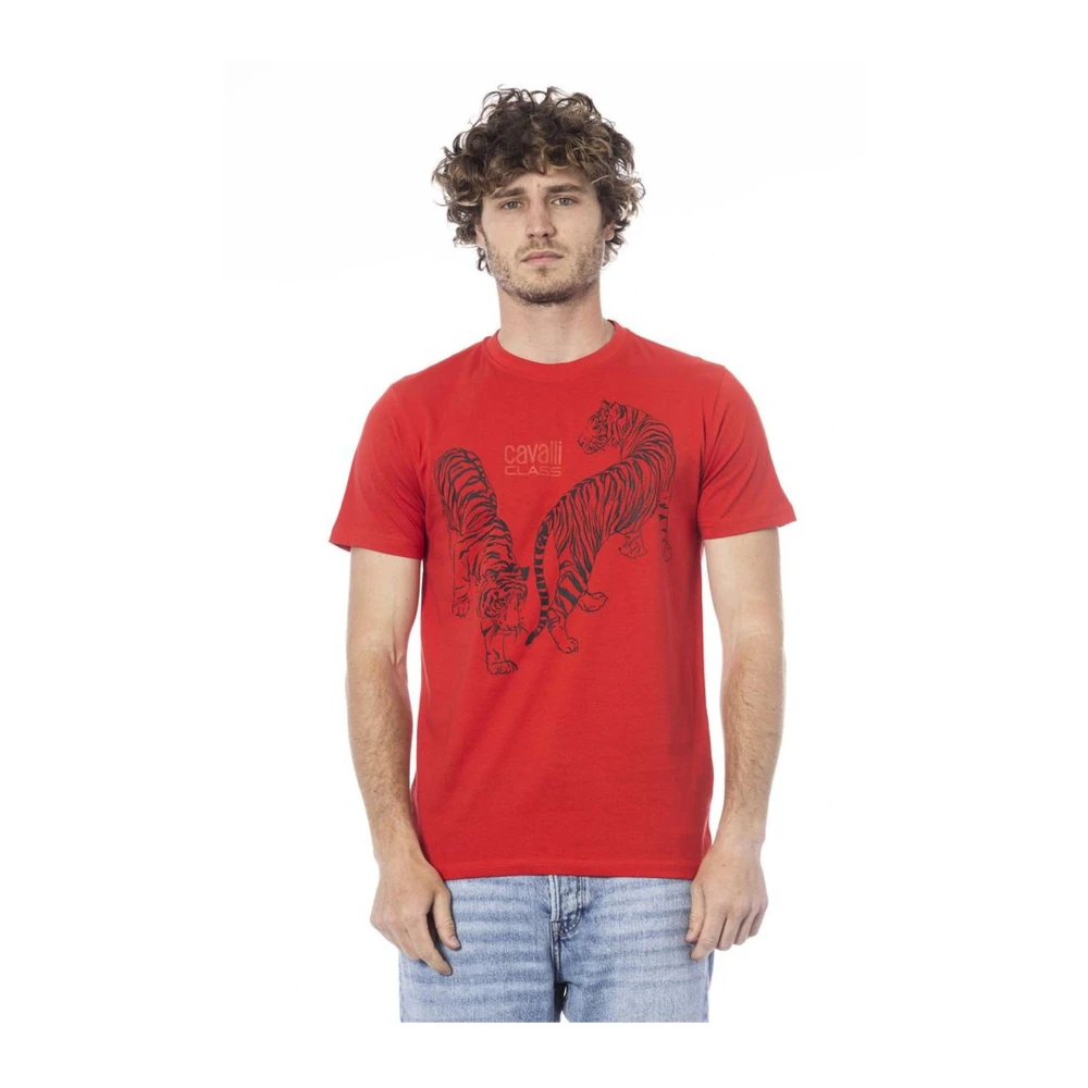 Cavalli Class Rode Logo Katoenen Crewneck T-shirt Red Heren