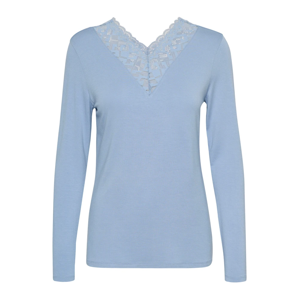 Cream Vrouwelijke Kant Trim V-Hals Top Blue Dames