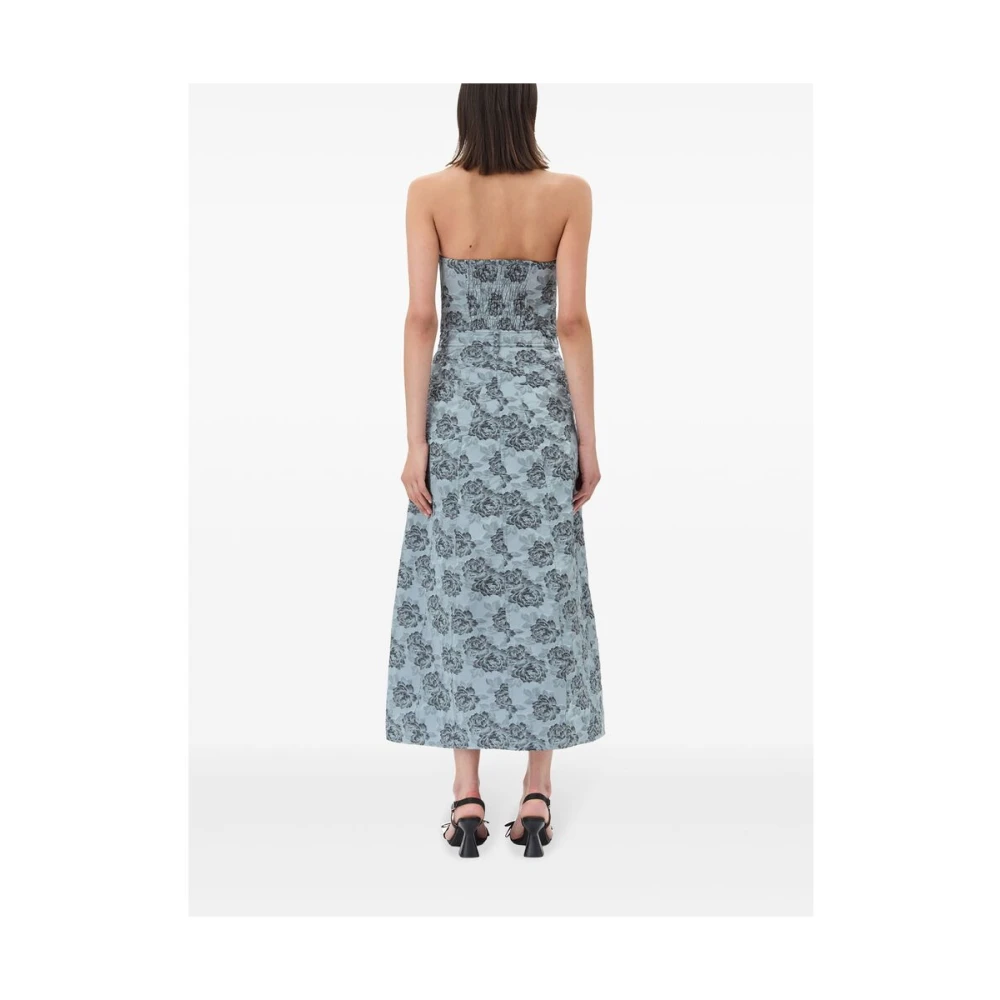 Ganni Blauwe Bloemen Jacquard Strapless Jurk Blue Dames