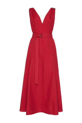 red-v-neck-dress-with-belt
