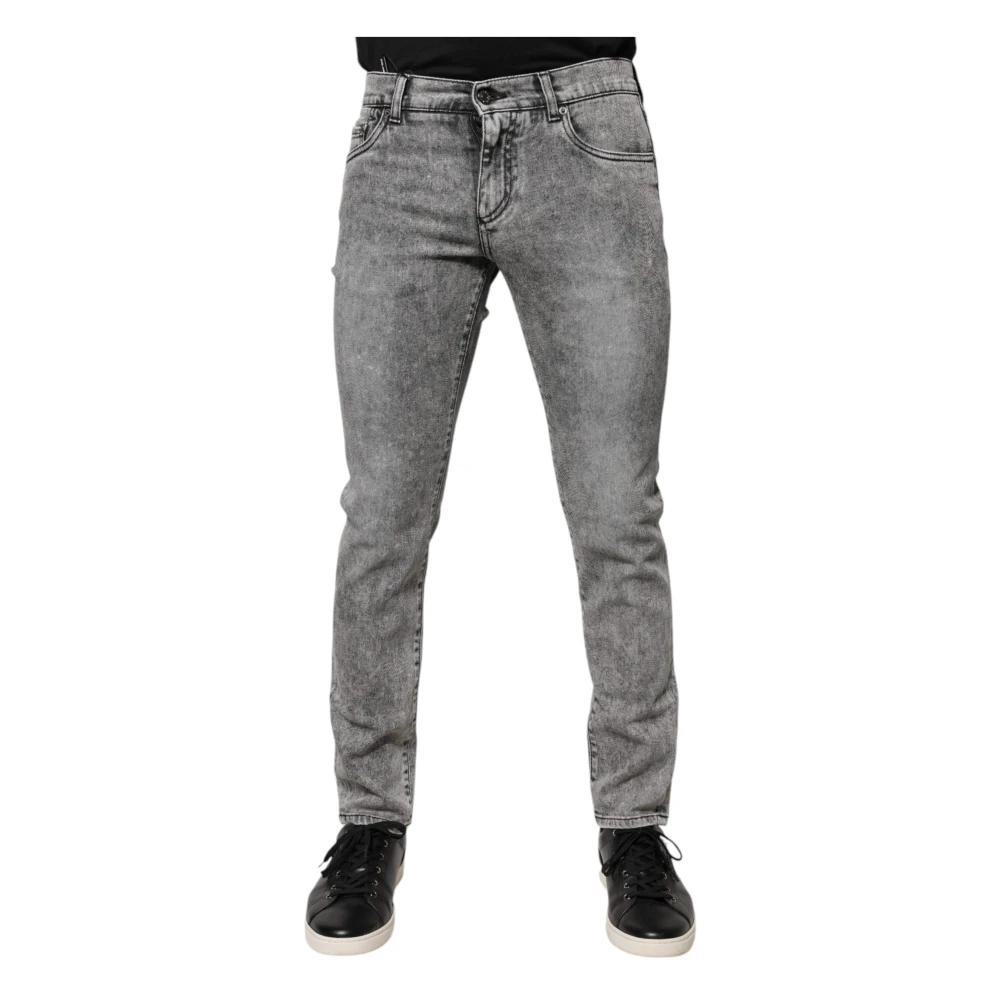 Dolce & Gabbana Men's Grey Logo-Plaque Slim Fit Denim Jeans