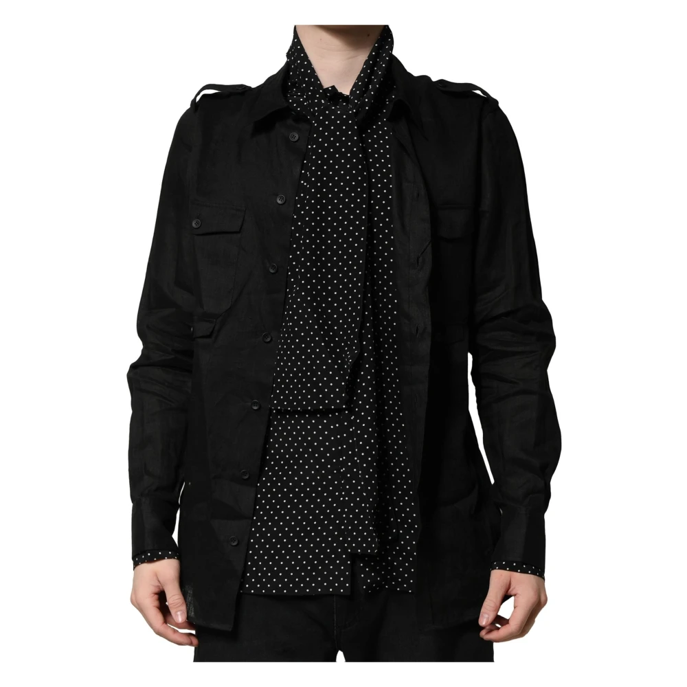 Dolce & Gabbana Men's Black Polka Dot Linen Silk Casual Shirt