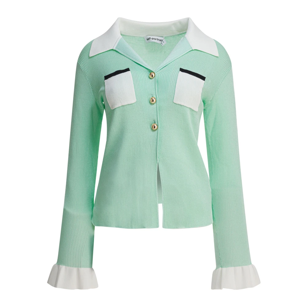 Self Portrait Women's Green Cardigans, S, Ribbed Viscose Knit Top