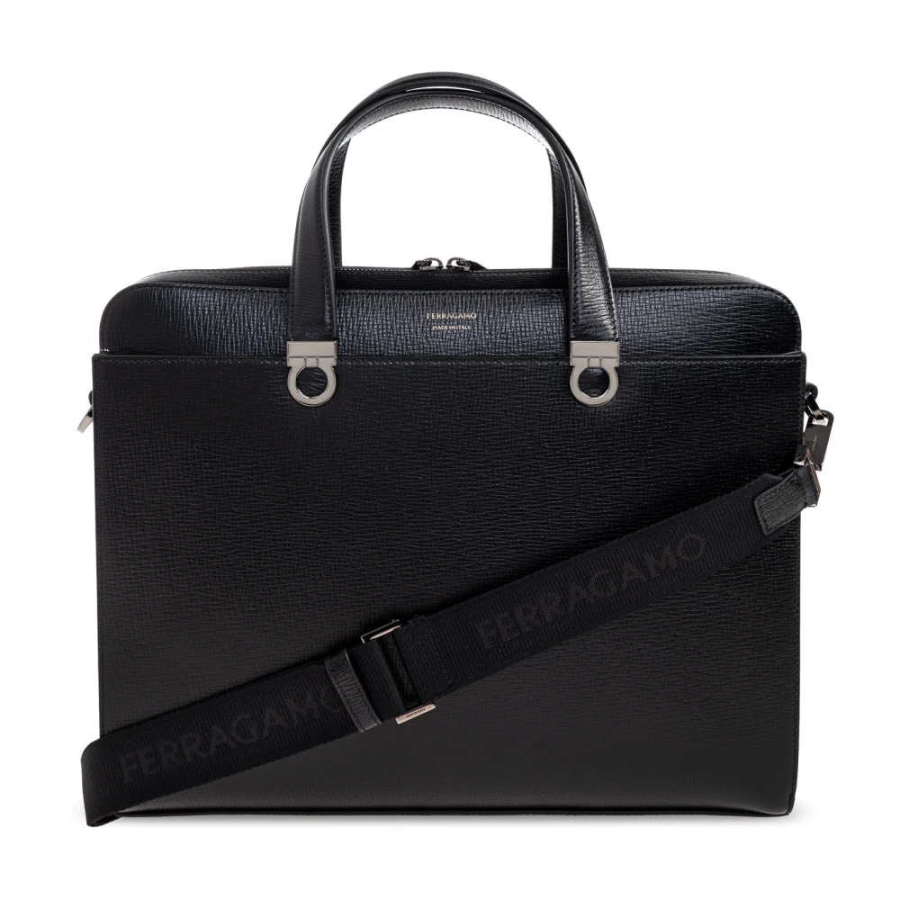 Ferragamo Black Leather Briefcase With Logo - Male - Laptop Bags & Cases - One Size - Bags