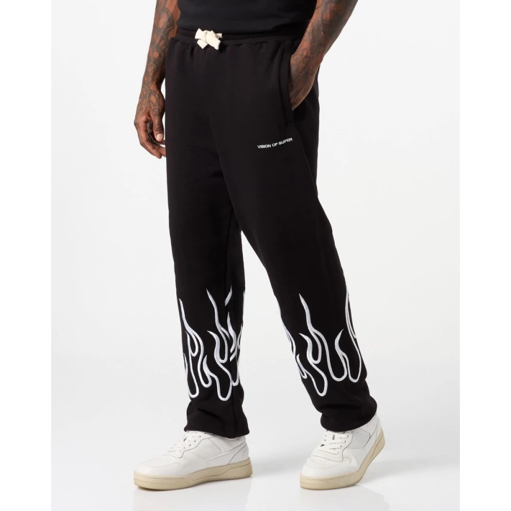 Vision OF Super Zwarte broek met witte geborduurde vlammen Black Heren