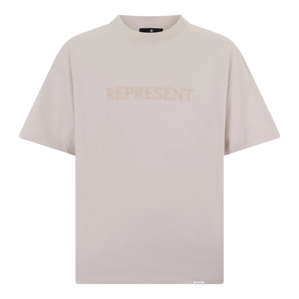 Represent Men's Beige T-Shirts, M, Embroidered Serif Logo T-Shirt