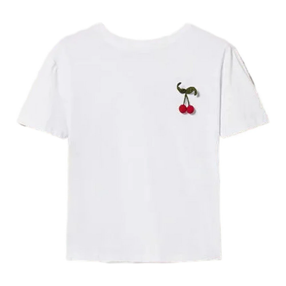 Twinset Women's White T-Shirts, M, T-Shirt With Crochet Cherry Brooch