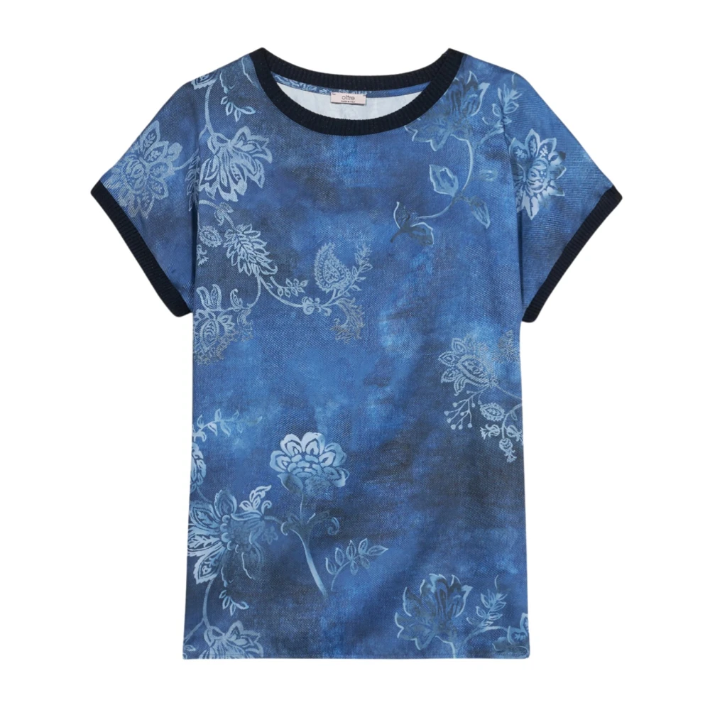 Oltre Satin korte mouwen blouse met Lurex randen Blue Dames