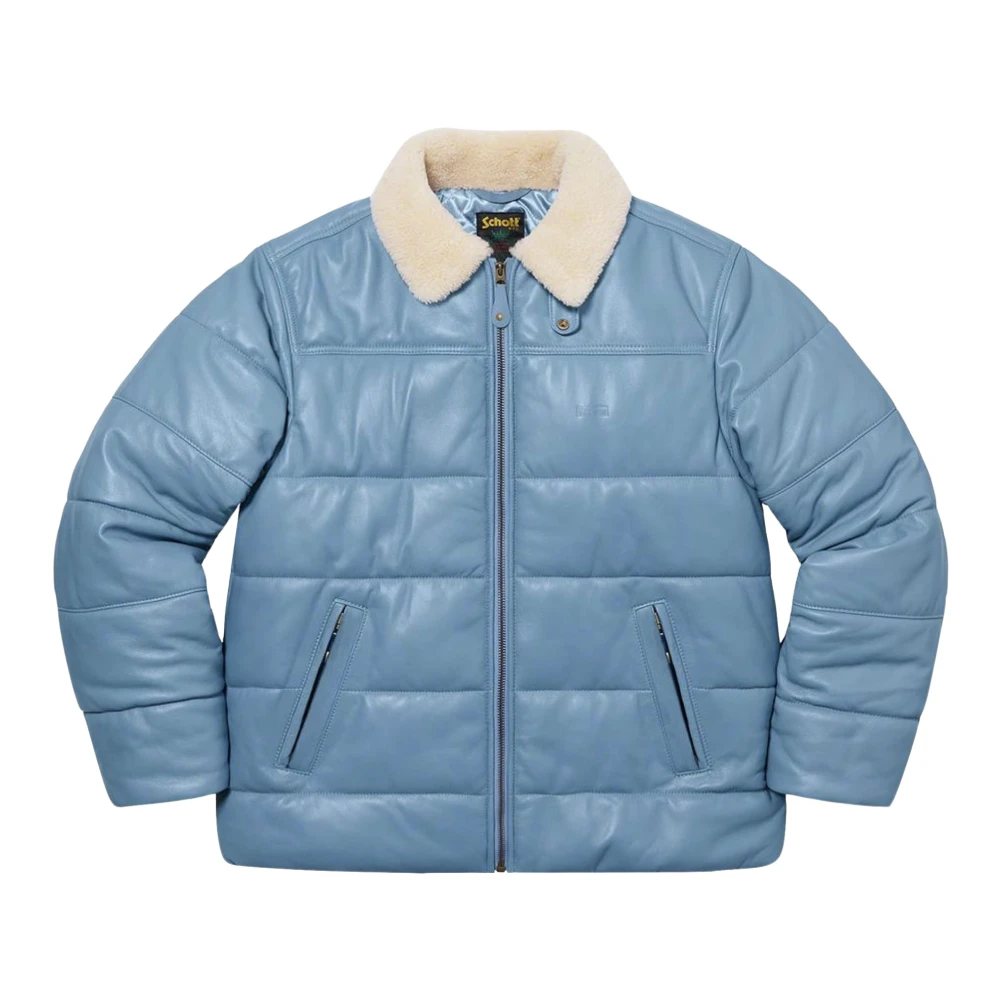 Supreme Shearling Kraag Leren Puffy Jas Blue Heren