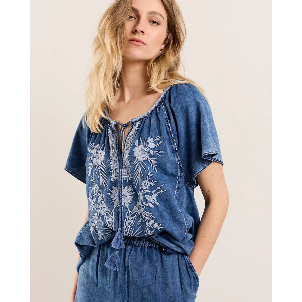 Summum Woman Indigo Borduur Blauw Daze Top Blue Dames