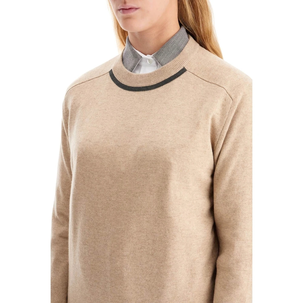 BRUNELLO CUCINELLI Cashmere Crewneck Pullover met Monile Borduurwerk Beige Dames