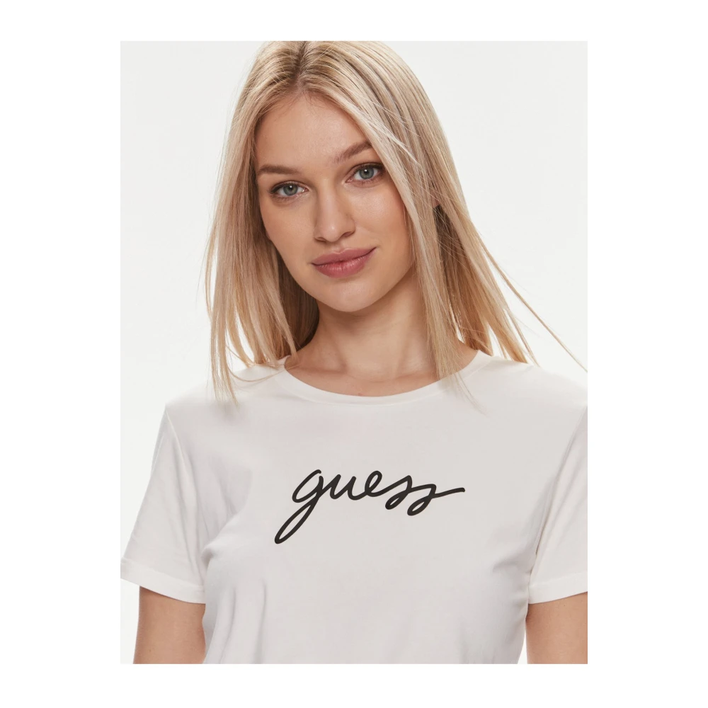 Guess Handtekening Logo T-Shirt Stretch Pasvorm Korte Mouwen White Dames
