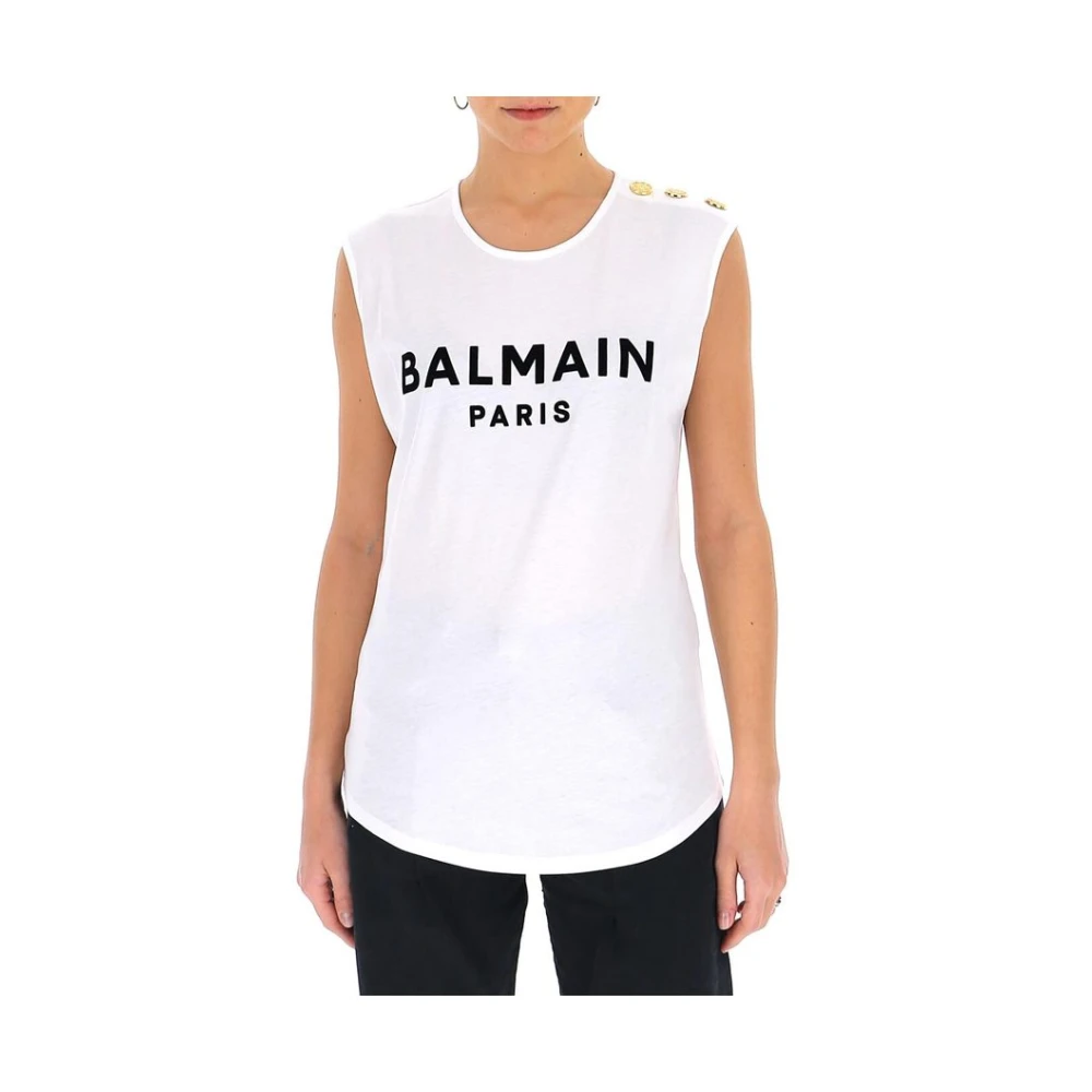 Balmain White Cotton T-Shirt With Flocked Black Logo White Dames