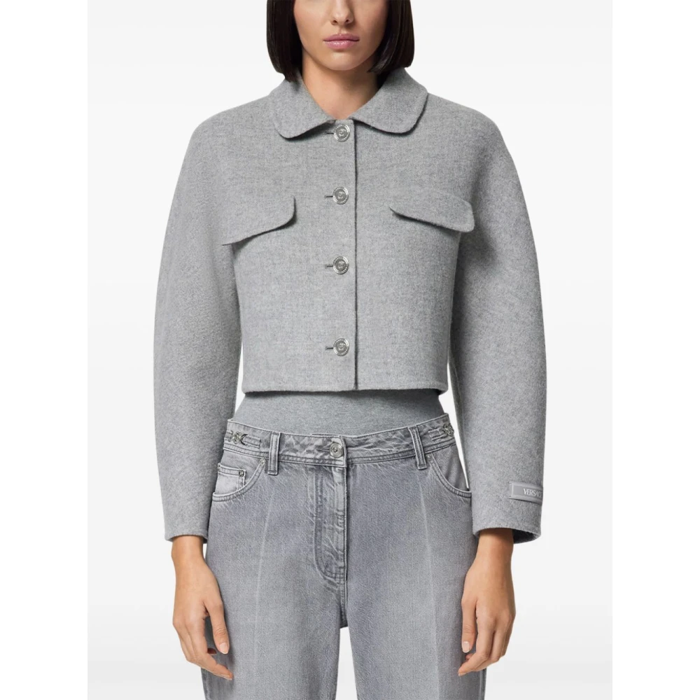 Versace Grijze Wol Kasjmier Korte Jas Gray Dames