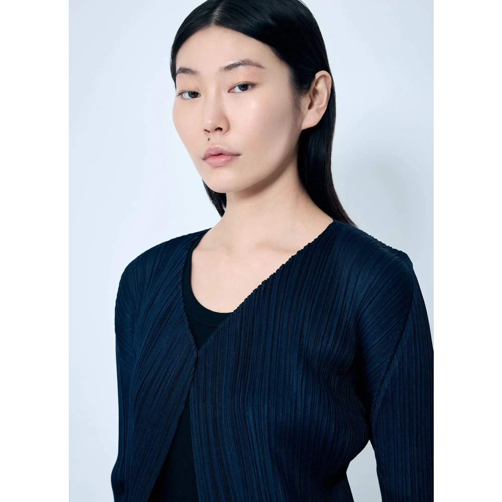 Issey Miyake Geplooide Open Front Cardigan Blue Dames