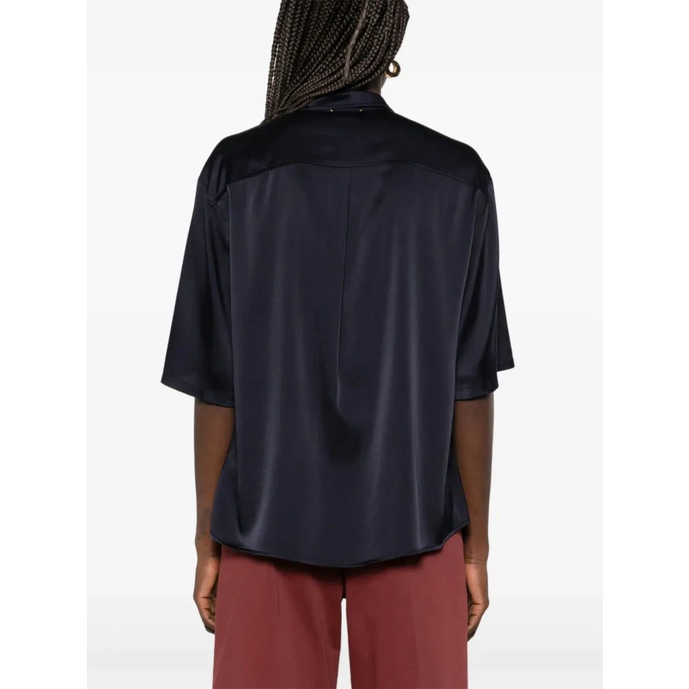 Forte Zijden Satijnen Halve Mouw Blouse Blue Dames
