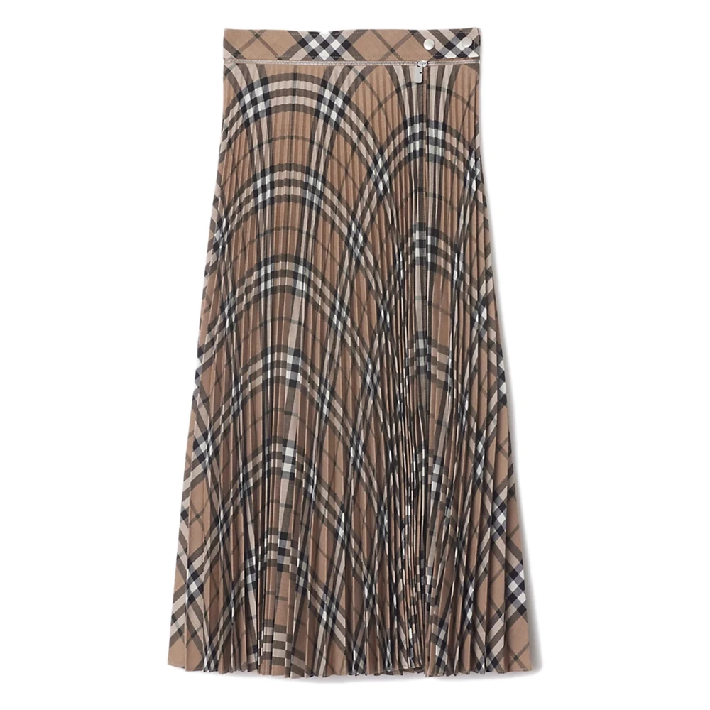 Burberry Women's Brown Midi Skirts, 2XS, Wool Blend Check Pleated Skirt