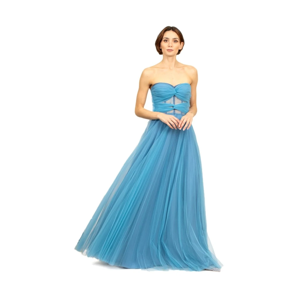 19:13 Dresscode Blauwe Tule Lange Jurk Hart Halslijn Blue Dames