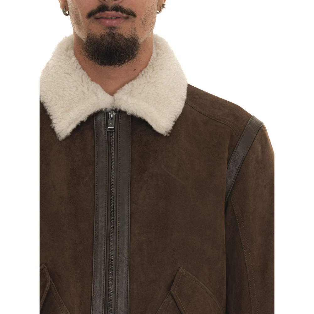 Boss Shearling jas met leren afwerking Brown Heren