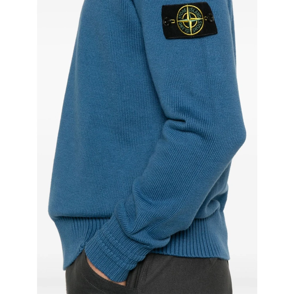 Stone Island Blauwe Ribgebreide Trui Badge Blue Heren