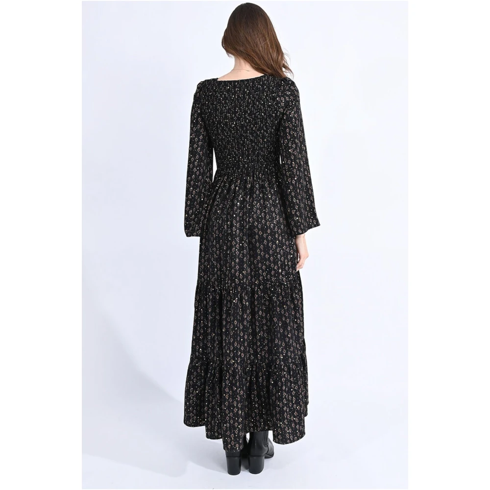 Molly Bracken Lange Zwierige Smocked Borst Jurk Black Dames