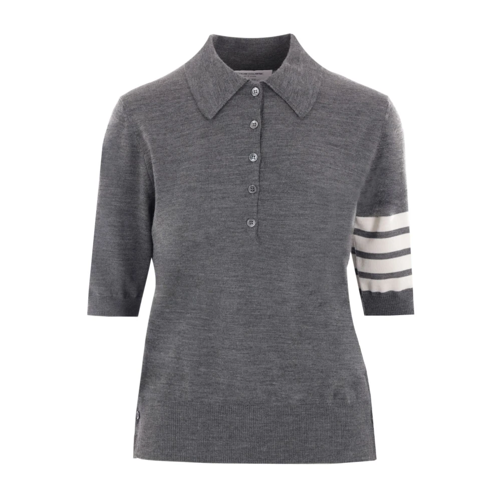 Thom Browne Women's Gray Polo Shirts, L, Virgin Wool Three-Quarter Sleeve Polo