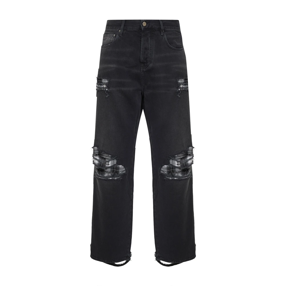Amiri Men's Black Straight Fit Jeans, W33, Flannel Repair Baggy Jean