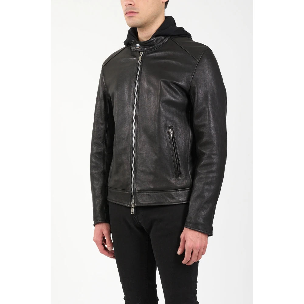 Dondup Leren Bikerjack met capuchon Black Heren