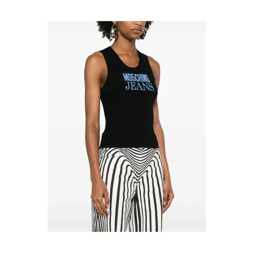 Moschino Zwarte Gebreide Mouwloze Trui met Logo Black Dames