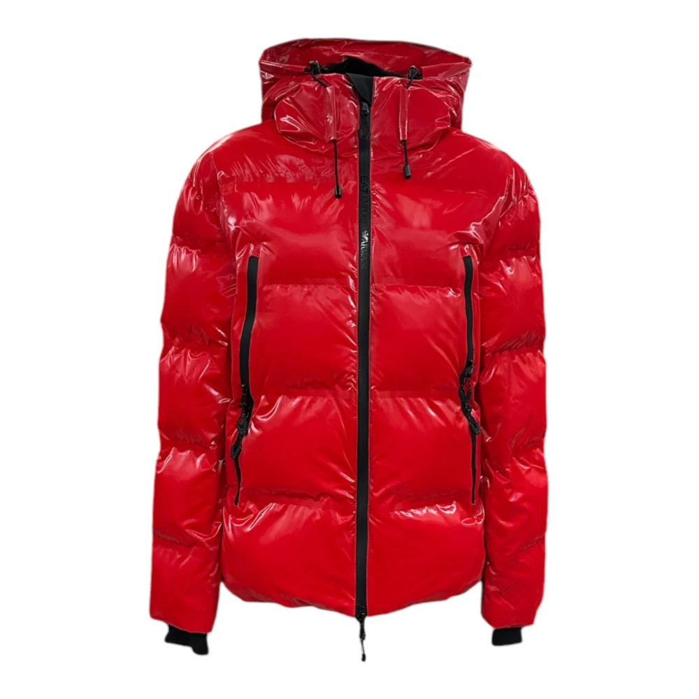 Emporio Armani EA7 Rode Glanzende Bomberjack met Capuchon Red Dames