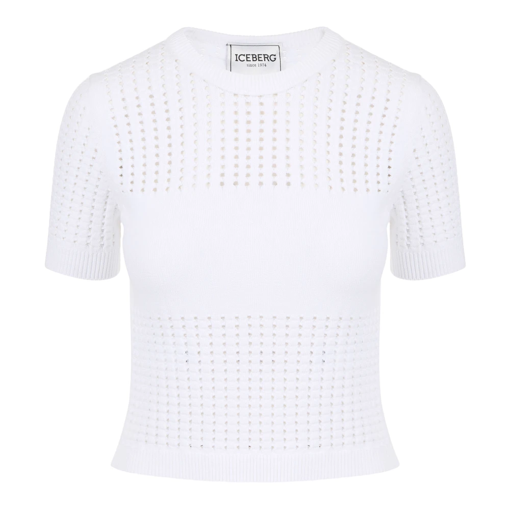 Iceberg Witte halfmouw trui van stretchkatoen met geperforeerde strepen en logo White Dames