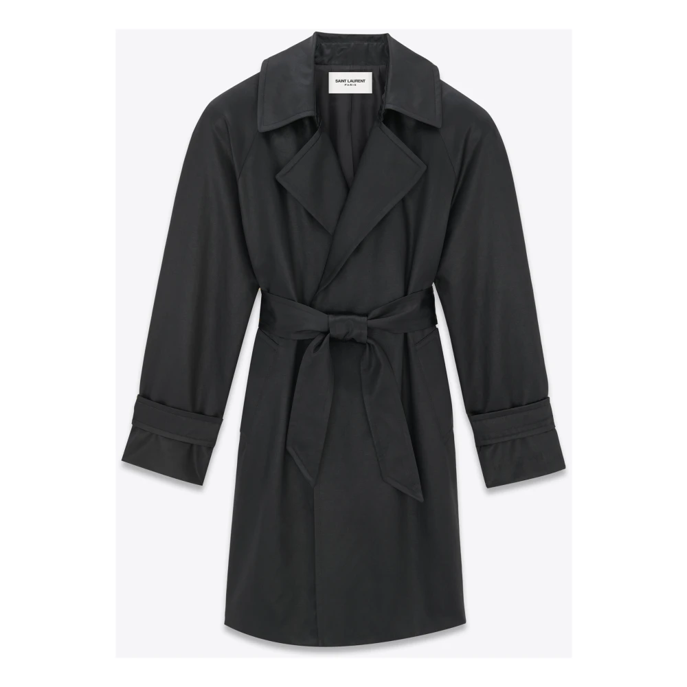 Saint Laurent Zwarte jas met riemsluiting en gewatteerde schouders Black Dames