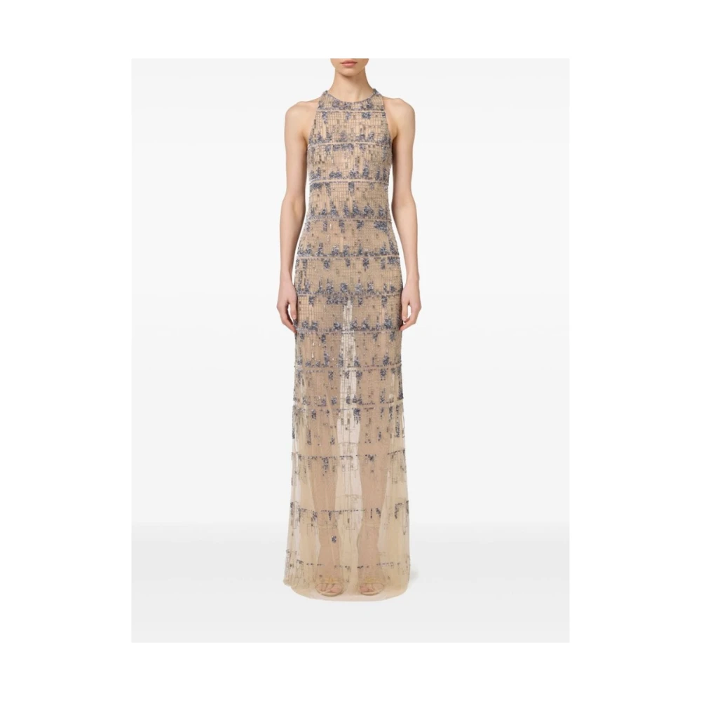 Elisabetta Franchi Pixel-Patroon Pailletten Tule Jurk Beige Dames