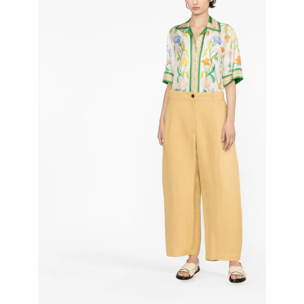 Studio Nicholson Gele Linnen Hoge Taille Wijde Pijpen Broek Beige Dames