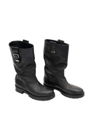 Pre-owned Black Leather Ankle Boots with Buckles on the Sides