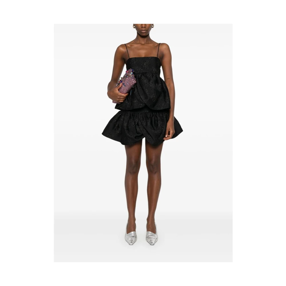 Rotate Birger Christensen Zwarte Jacquard Rok met Bloemmotief en Ballonmodel Black Dames