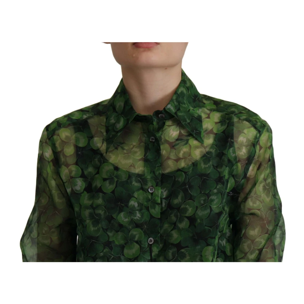 Dolce & Gabbana Zijden Klaverprint Kraagblouse Groen Green Dames