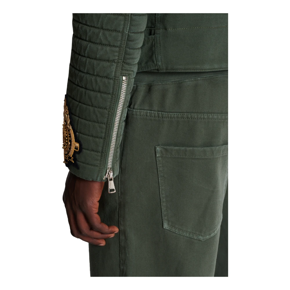 Balmain Denim Biker Jacket met Geborduurde Patches Green Heren