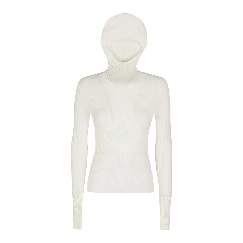Andrea Adamo White Hoodies, Female, S, Ribbed Knit Hoodie Top
