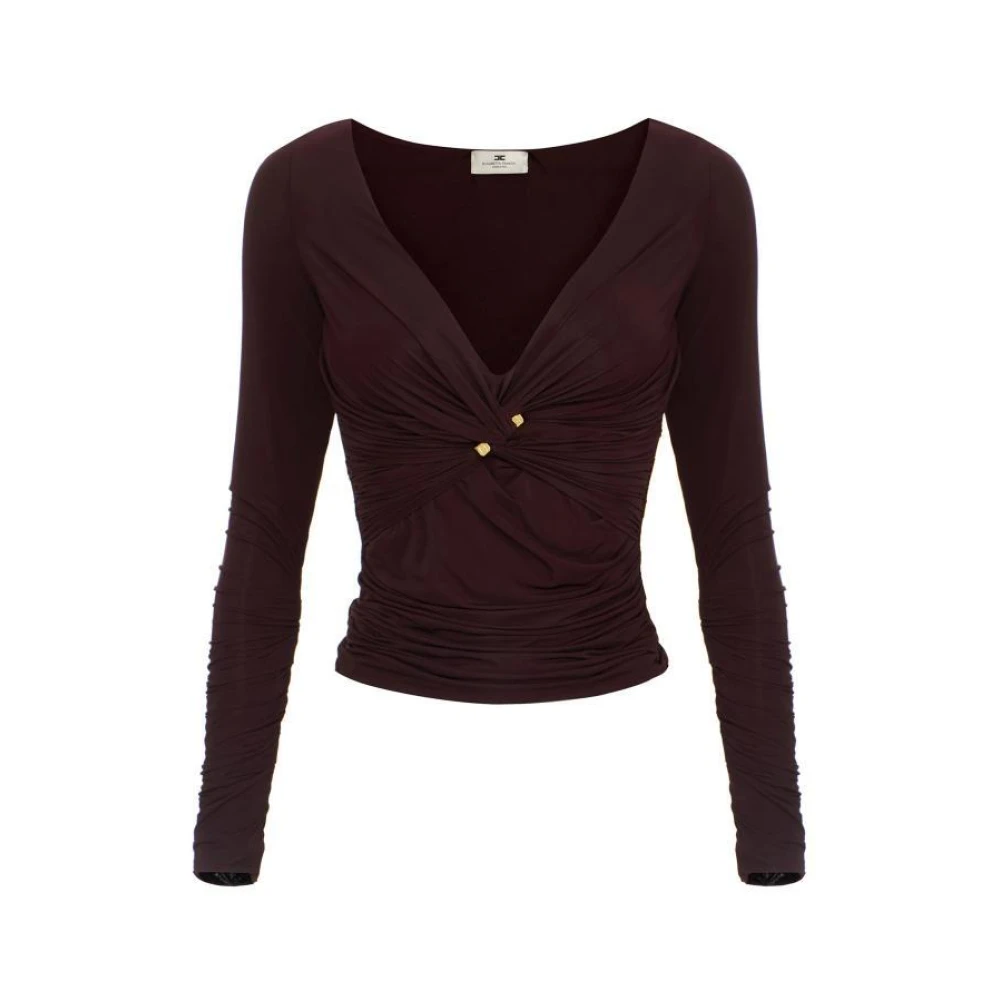 Elisabetta Franchi Brown Blouses, Female, Xs, Jersey Top With Jewel Detail